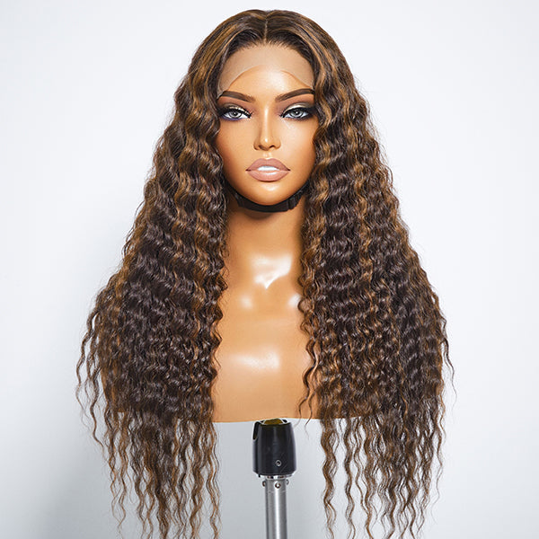 Boho-Chic | Chestnut Brown Highlights Bohemian Curly 5×5 Closure Lace Glueless Mid Part Long Curly Wig