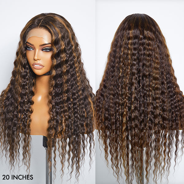 Boho-Chic | Chestnut Brown Highlights Bohemian Curly 5×5 Closure Lace Glueless Mid Part Long Curly Wig