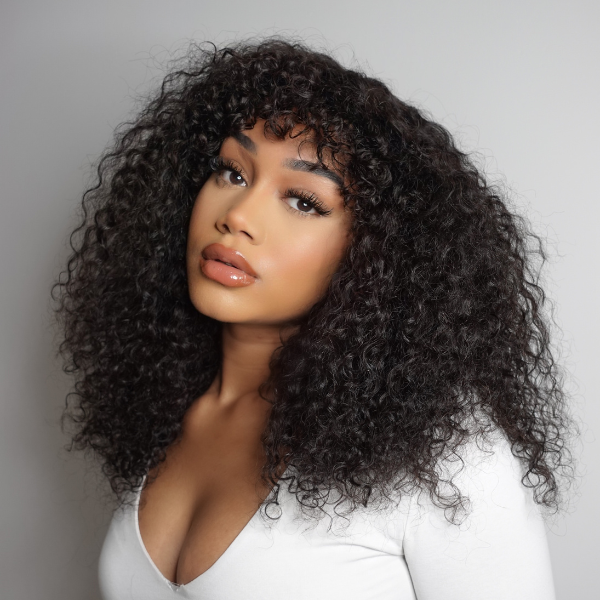 Bouncy Shaggy Curly Minimalist HD Lace Long Wig with Bangs 100% Human Hair