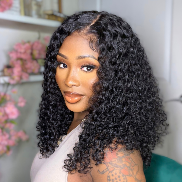 Natural Black Deep Wave / Loose Wave Minimalist HD Lace Short Wig 100% Human Hair