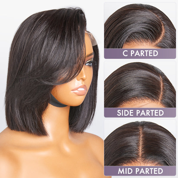 Beginner Friendly Straight Bob 5x5 Lace Glueless Left C Part Short 100% Human Hair Wig with Bangs