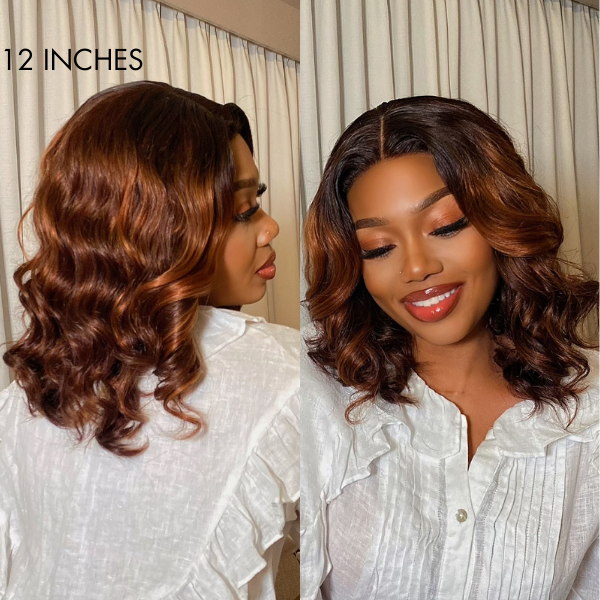 Elegant Brown Ombre Loose Wave Minimalist HD Lace Glueless Short Wig 100% Human Hair