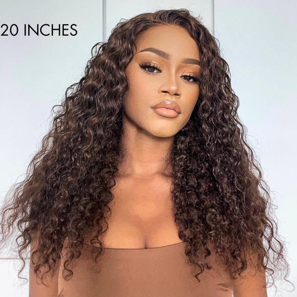 Brown Water Wave 5x5 Closure HD Lace Glueless Mid Part Long Wig 100% Human Hair