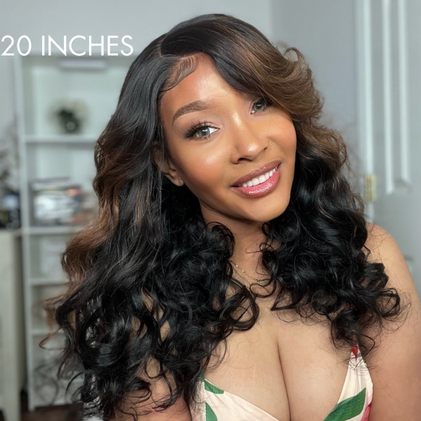 Brown Mix Black / Natural Black C Part Glueless Loose Wave 5x5 Closure Wig with Bangs 100% Human Hair