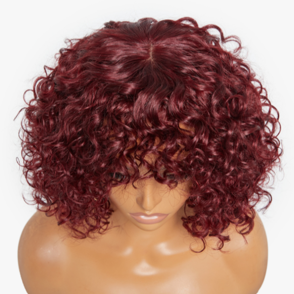 Beginner Friendly Dark Red Water Wave Glueless Minimalist Lace Wig with Bangs