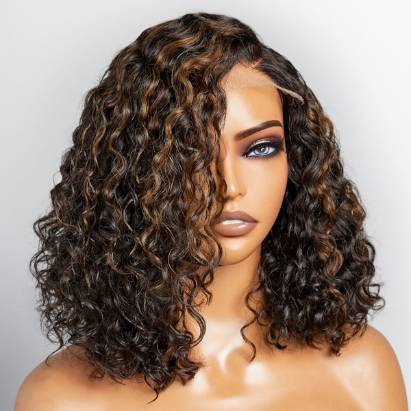 Casual Blonde Highlights Curly Minimalist HD Lace Glueless C Part Short Wig 100% Human Hair