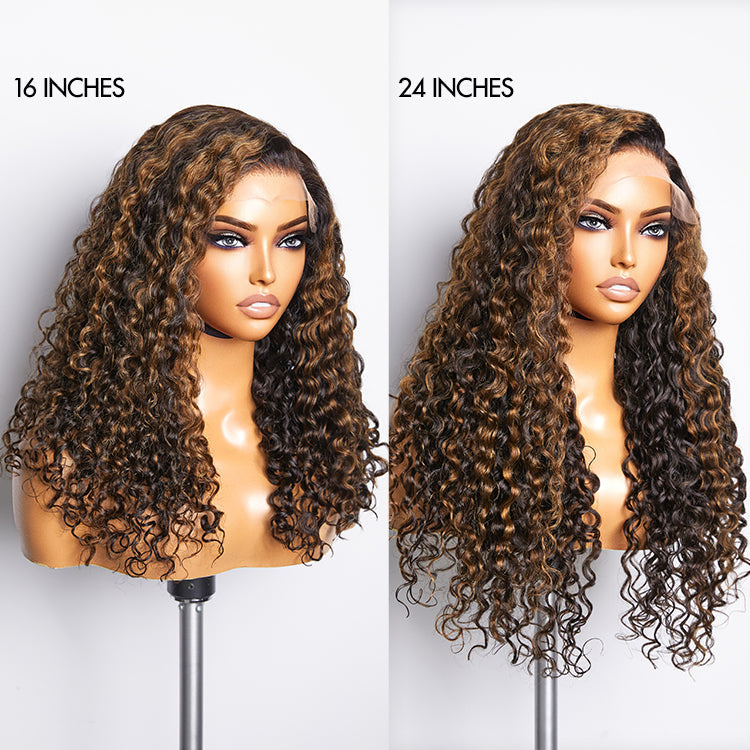 Brown Highlights Funmi Curly Glueless 5x5 Closure Lace Long Curly Wig Beginner Friendly | Large & Small Cap Size