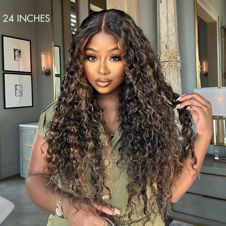 Brown Highlights Funmi Curly Glueless 5x5 Closure Lace Long Curly Wig Beginner Friendly | Large & Small Cap Size