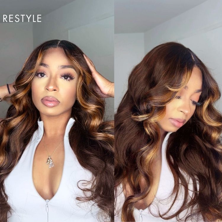 Breathable Cap Brown Highlight Loose Wave Glueless 5x5 Closure HD Lace Wig with Curtain Bangs