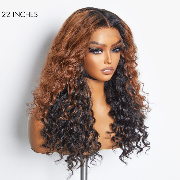 Classic and Chic Peekaboo Ombre Brown Loose Water Wave Glueless 5x5 Closure Lace Long Curly Wig