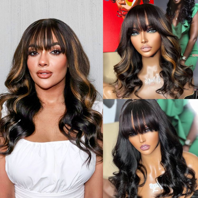 Loose Wave 5x5 Closure Lace Glueless Long Wig with Cute Bangs 100% Human Hair | Face-Framing