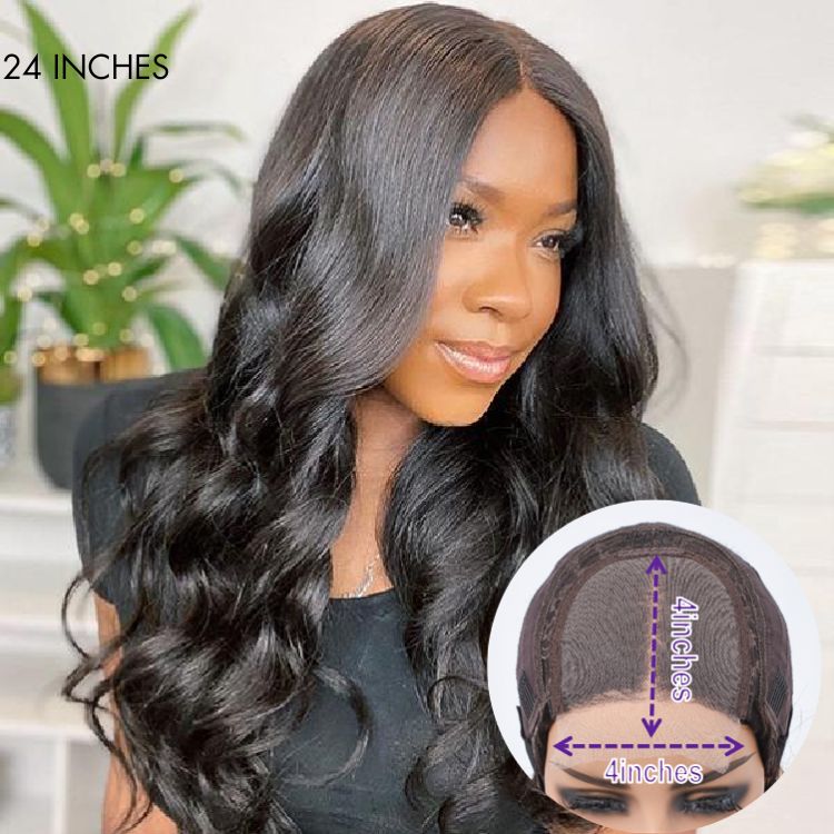 Super Easy Natural Black Body Wave 4x4 Closure Lace Glueless Mid Part Long Wig 100% Human Hair