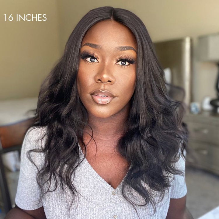 Super Easy Natural Black Body Wave 4x4 Closure Lace Glueless Mid Part Long Wig 100% Human Hair