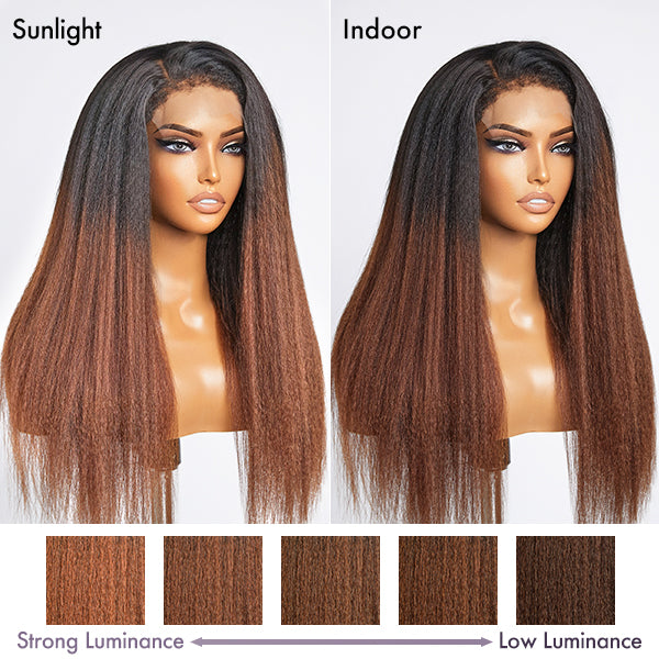 4C Edges | Natural Black / Ombre Brown Kinky Edges Kinky Straight 5x5 Closure Glueless Long Wig 100% Human Hair