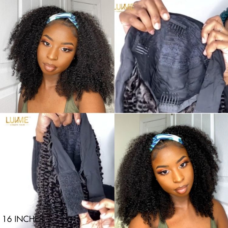 Natural Black Jerry Curly No Lace Glueless Free Part Long Headband Wig 100% Human Hair (Get Free Trendy Headbands)