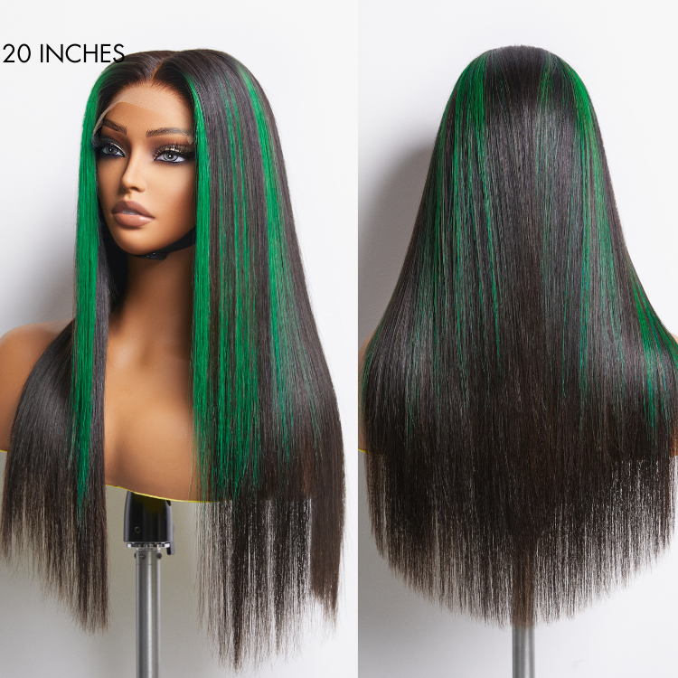 Limited Design | Green Highlight Silky Straight Glueless 5x5 Closure Lace Wig