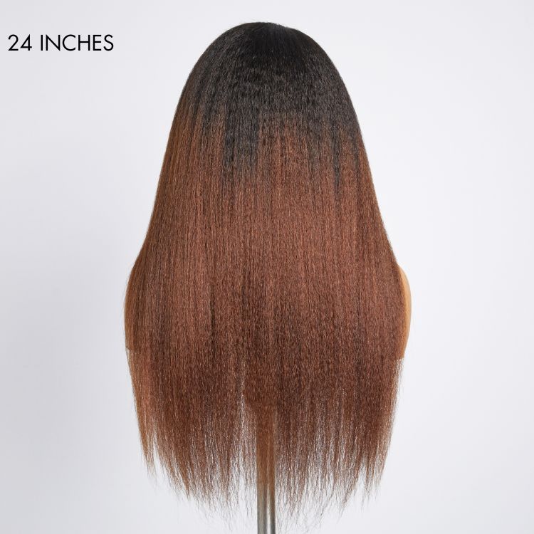 4C Edges | Natural Black / Ombre Brown Kinky Edges Kinky Straight 5x5 Closure Glueless Long Wig 100% Human Hair