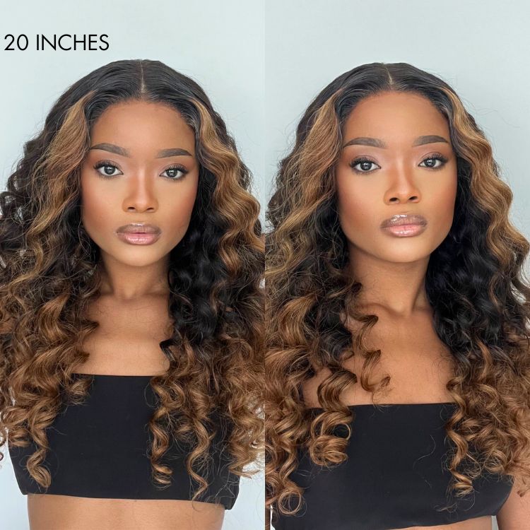 Fluffy Brown Ombre Highlights Water Wave Glueless 5x5 Closure HD Lace Long Curly Wig