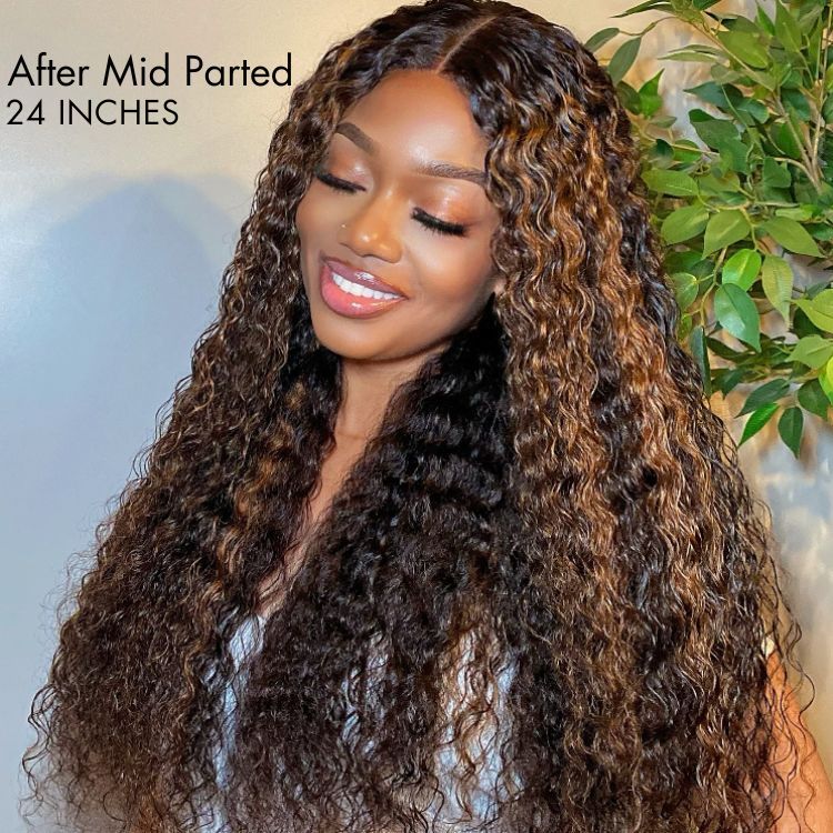 Brown Highlights Funmi Curly Glueless 5x5 Closure Lace Long Curly Wig Beginner Friendly | Large & Small Cap Size