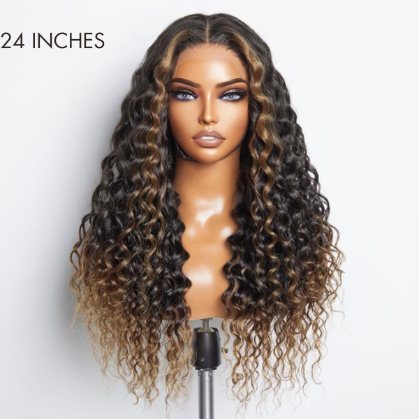 Fluffy Brown Ombre Highlights Water Wave Glueless 5x5 Closure HD Lace Long Curly Wig