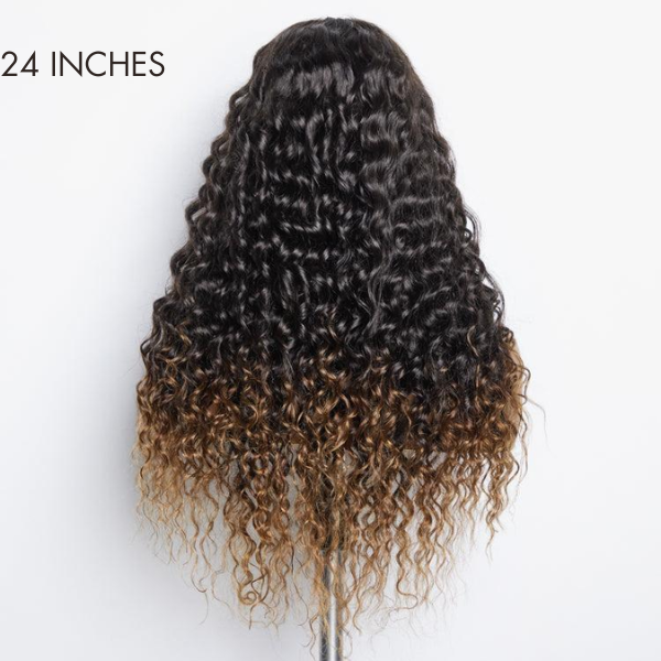 Fluffy Brown Ombre Highlights Water Wave Glueless 5x5 Closure HD Lace Long Curly Wig