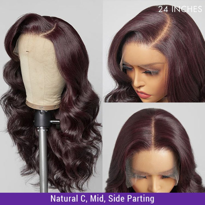 Classic Dark Plum Body Wave Glueless 5x5 Closure Undetectable HD Lace Long Wig 100% Human Hair