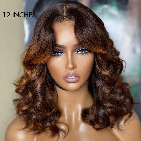 Elegant Brown Ombre Loose Wave Minimalist HD Lace Glueless Short Wig 100% Human Hair