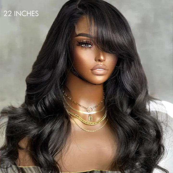 Brown Mix Black / Natural Black C Part Glueless Loose Wave 5x5 Closure Wig with Bangs 100% Human Hair