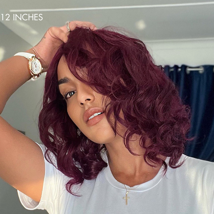 Dark Plum Loose Wave Minimalist HD Lace Glueless Mid Part Short Wig 100% Human Hair