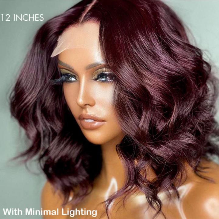 Dark Plum Loose Wave Minimalist HD Lace Glueless Mid Part Short Wig 100% Human Hair