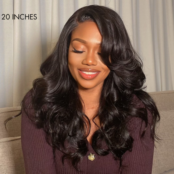 Layered Body Wave with Bangs 5x5 Closure Lace Glueless C Part Long Wig 100% Human Hair