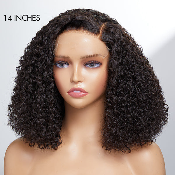 Full Kinky Curly 5x5 Closure HD Lace Glueless Side Part Neck Length Wig 100% Human Hair