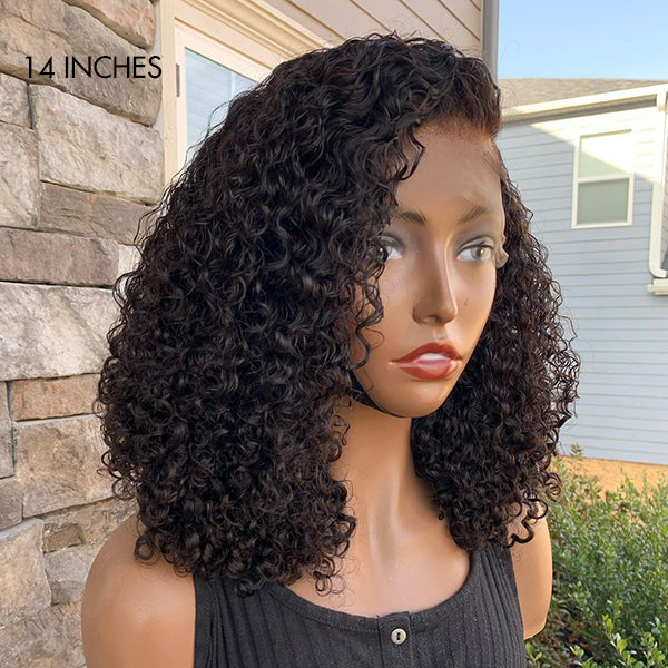 Full Kinky Curly 5x5 Closure HD Lace Glueless Side Part Neck Length Wig 100% Human Hair