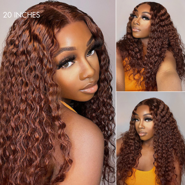 Casual Reddish Brown Curly 5x5 Closure Lace Glueless Mid Part Long Curly Wig 100% Human Hair