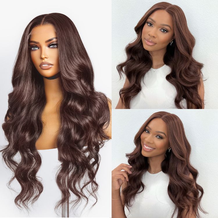 Charming Brown / Ombre 99J Layered Cut Loose Wave 5x5 Closure Lace Glueless Wig 100% Human Hair