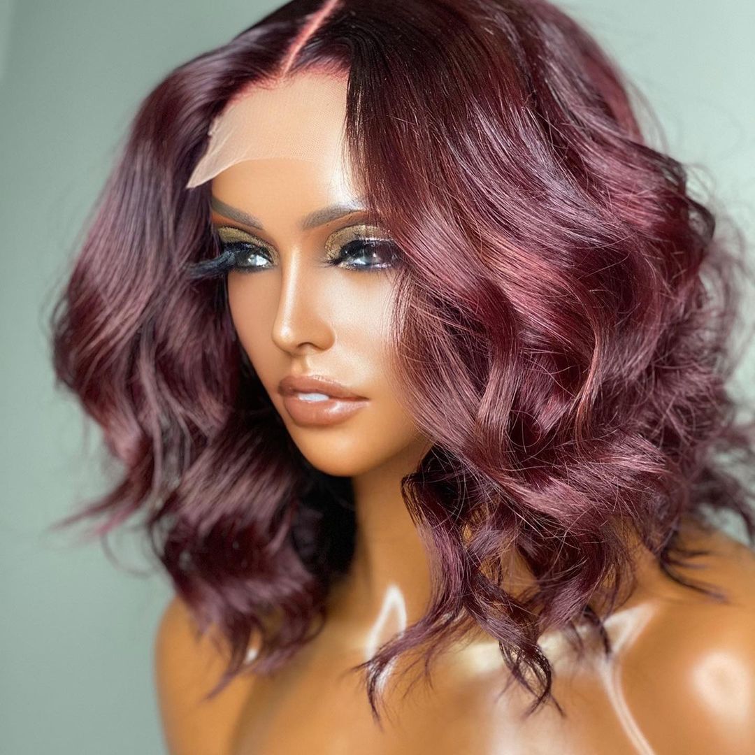 Dark Plum Loose Wave Minimalist HD Lace Glueless Mid Part Short Wig 100% Human Hair