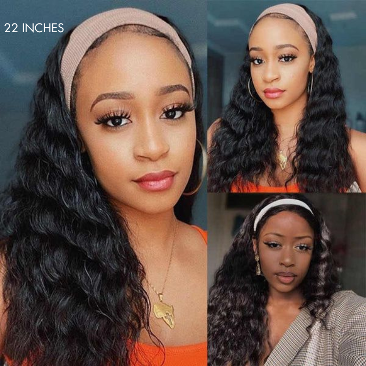 Natural Black Loose Deep Wave No Lace Glueless Free Part Headband Wig 100% Human Hair (Get Free Trendy Headbands)