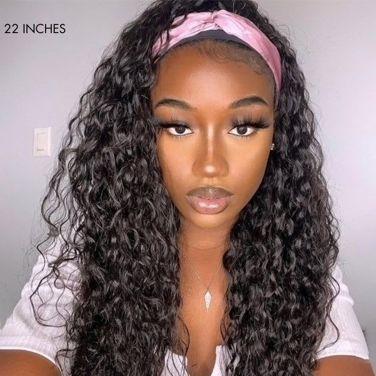 Natural Black Loose Deep Wave No Lace Glueless Free Part Headband Wig 100% Human Hair (Get Free Trendy Headbands)