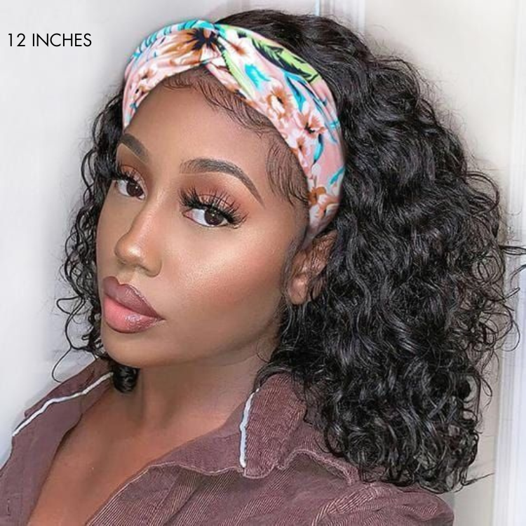 Natural Black Loose Deep Wave No Lace Glueless Free Part Headband Wig 100% Human Hair (Get Free Trendy Headbands)