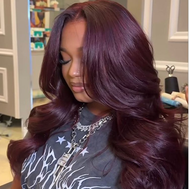 Classic Dark Plum Body Wave Glueless 5x5 Closure Undetectable HD Lace Long Wig 100% Human Hair