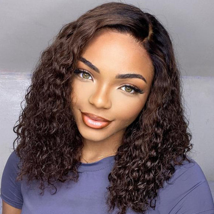 Ombre Brown Funmi Curly 5x5 Closure HD Lace Glueless Side Part Short Wig 100% Human Hair