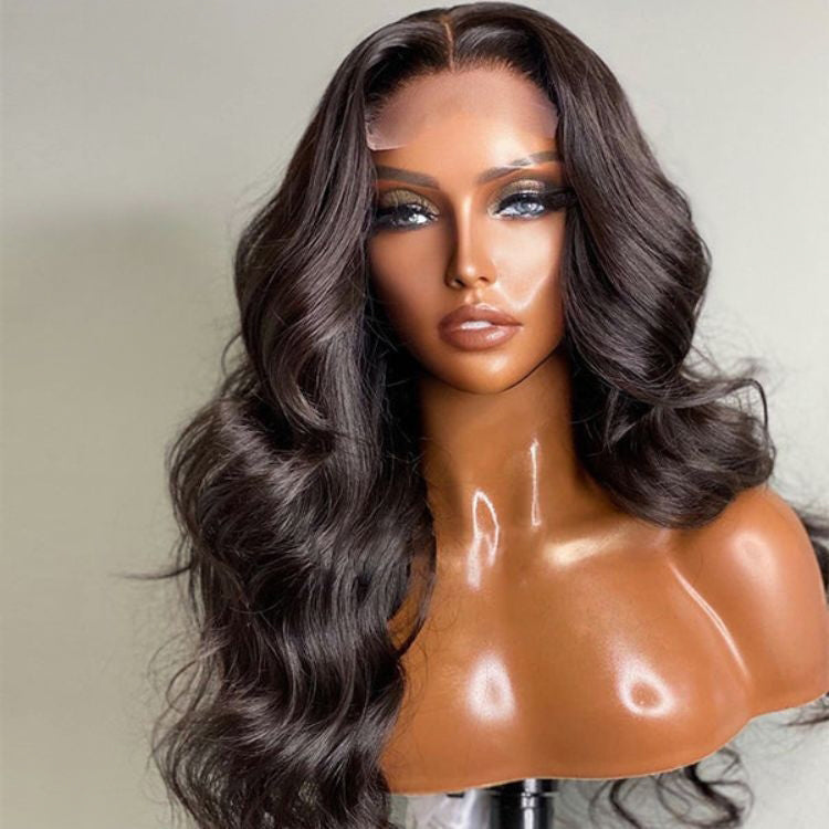 Super Easy Natural Black Body Wave 4x4 Closure Lace Glueless Mid Part Long Wig 100% Human Hair