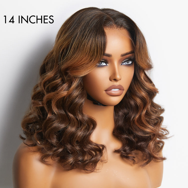 Elegant Brown Ombre Loose Wave Minimalist HD Lace Glueless Short Wig 100% Human Hair