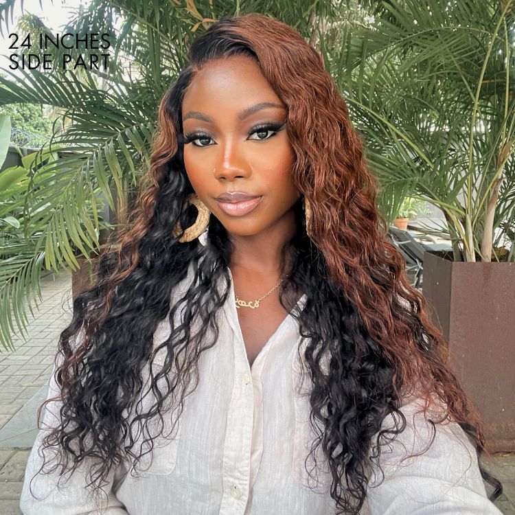 Classic and Chic Peekaboo Ombre Brown Loose Water Wave Glueless 5x5 Closure Lace Long Curly Wig