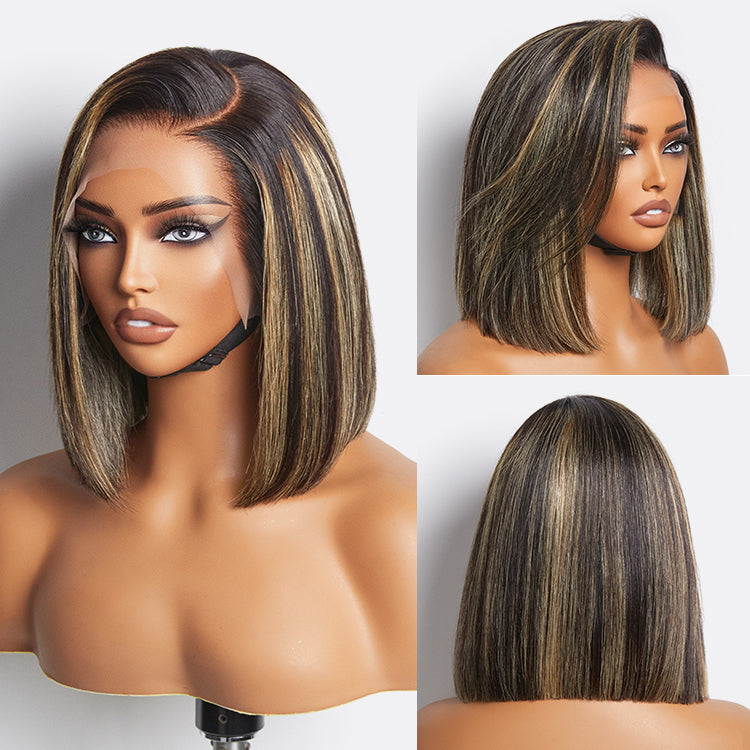 Super Natural C Part Natural Black / Blonde Highlight Glueless Lace Bob Wig 100% Human Hair | Fits All Face Shapes