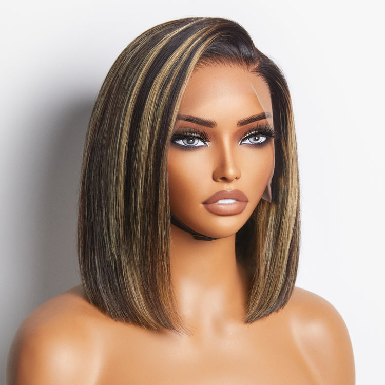 Super Natural C Part Natural Black / Blonde Highlight Glueless Lace Bob Wig 100% Human Hair | Fits All Face Shapes