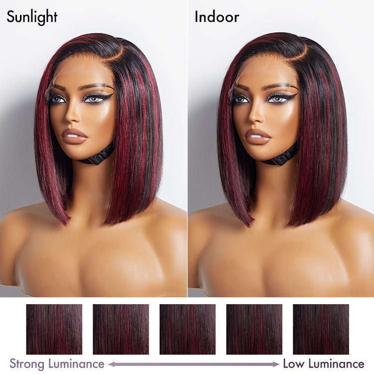 Dark Red Highlights Silky Blunt Cut C Part Glueless Minimalist Lace Bob Wig Beginner Friendly