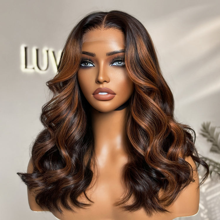 Elegant Copper Ombre Highlights Loose Body Wave / Silky Straight Glueless 5x5 Closure Lace Wig Breathable Cap