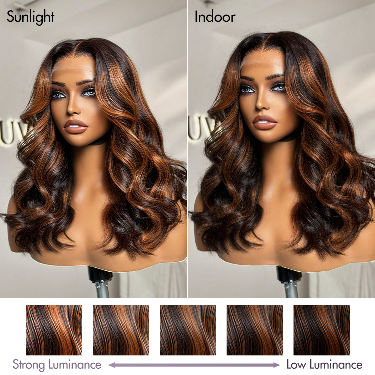 Elegant Copper Ombre Highlights Loose Body Wave / Silky Straight Glueless 5x5 Closure Lace Wig Breathable Cap