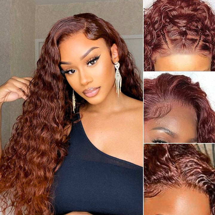 Casual Reddish Brown Curly 5x5 Closure Lace Glueless Mid Part Long Curly Wig 100% Human Hair